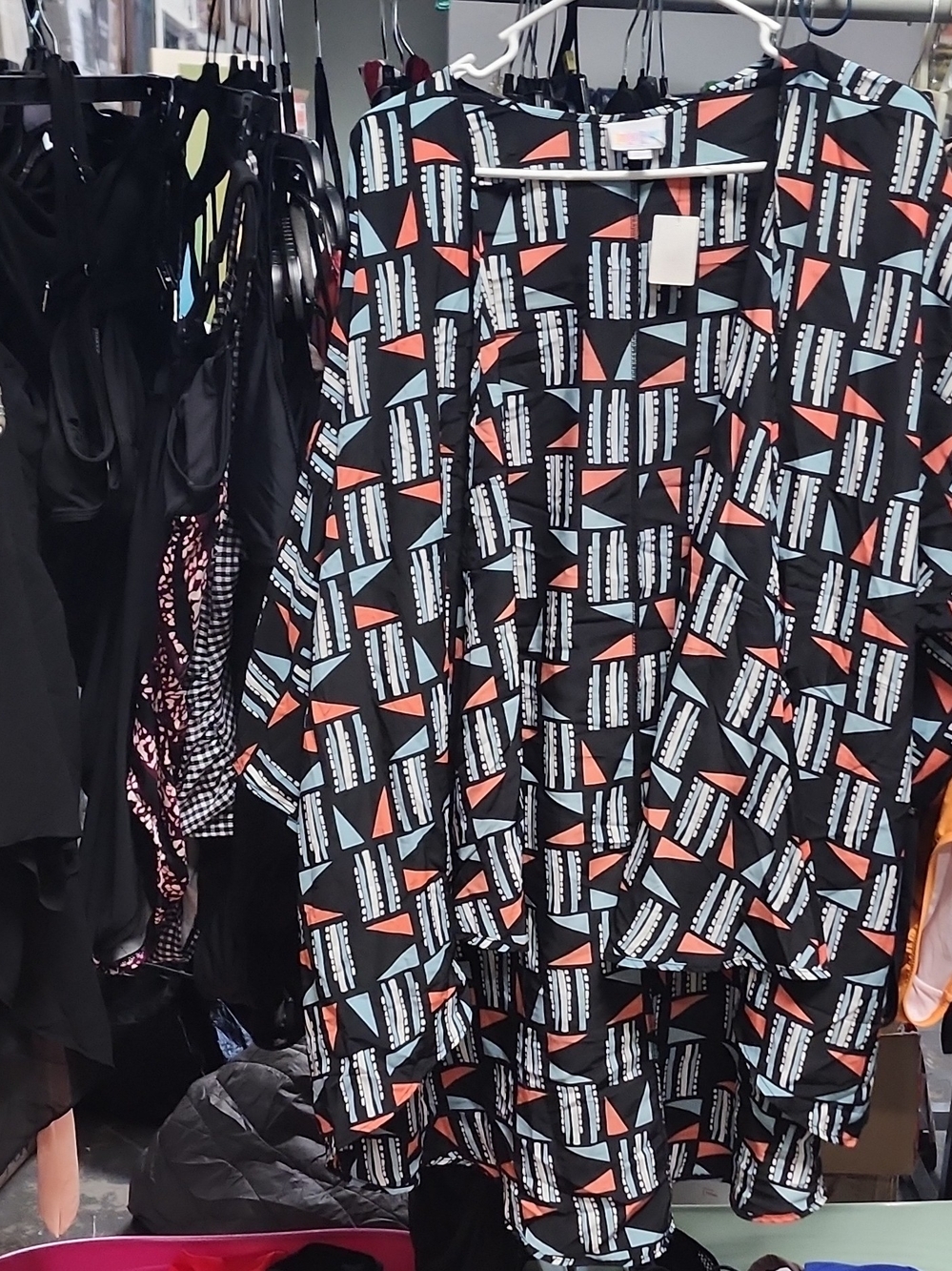 LuLaRoe Black Cardigan with Coral & Light Blue Geometric Print